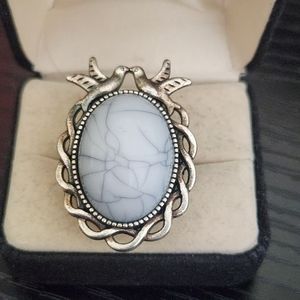 Adjustable Silver Tone Ring Oval White Jasper Dove Theme Style